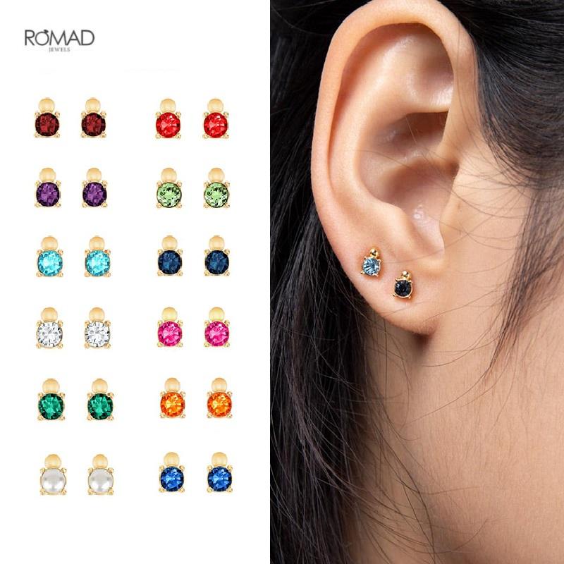 

Stud ROMAD Minimalism Colorful Zircon Earrings For Women Geometric 925 Sterling Silver Pierced Earings Fine Jewelry Kolczyki