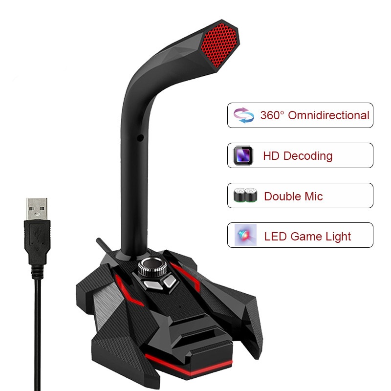 

Dynamic Wired Microphone USB Studio Gaming 360 Omnidirectionnel PC Microphone for Computer Desktop Professional Dual Mic LED