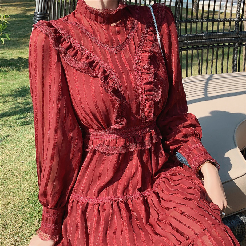 

New Fall Elegant Turtleneck Woman in Burgundy with Sleeve Long Runway Design Chiffon Dress 2021 4wkm