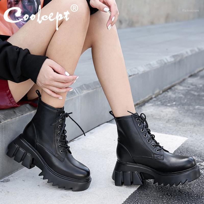 

Coolcept Genuine Leather Woman Ankle Boots Cross Strap High Heel Winter Shoes Woman Fashion Platform Warm Footwear Size 34-391, Black without fur