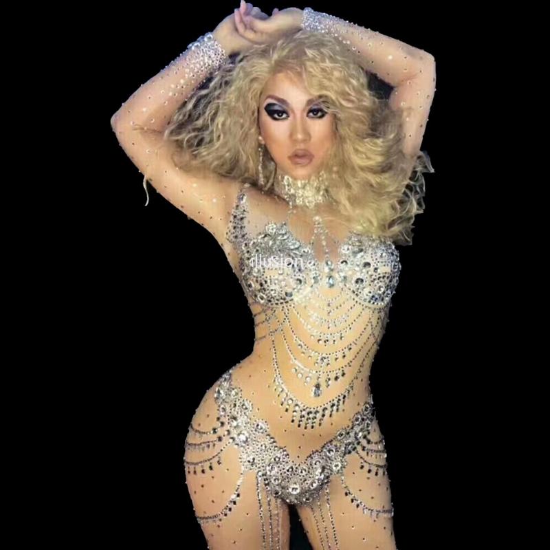 

Sparkly Rhinestone Nude Jumpsuit Women Dance Costume Bling Big Crystal Rompers Outfit Diamond Bodysuit Party Celebrate Club Wear, Beige