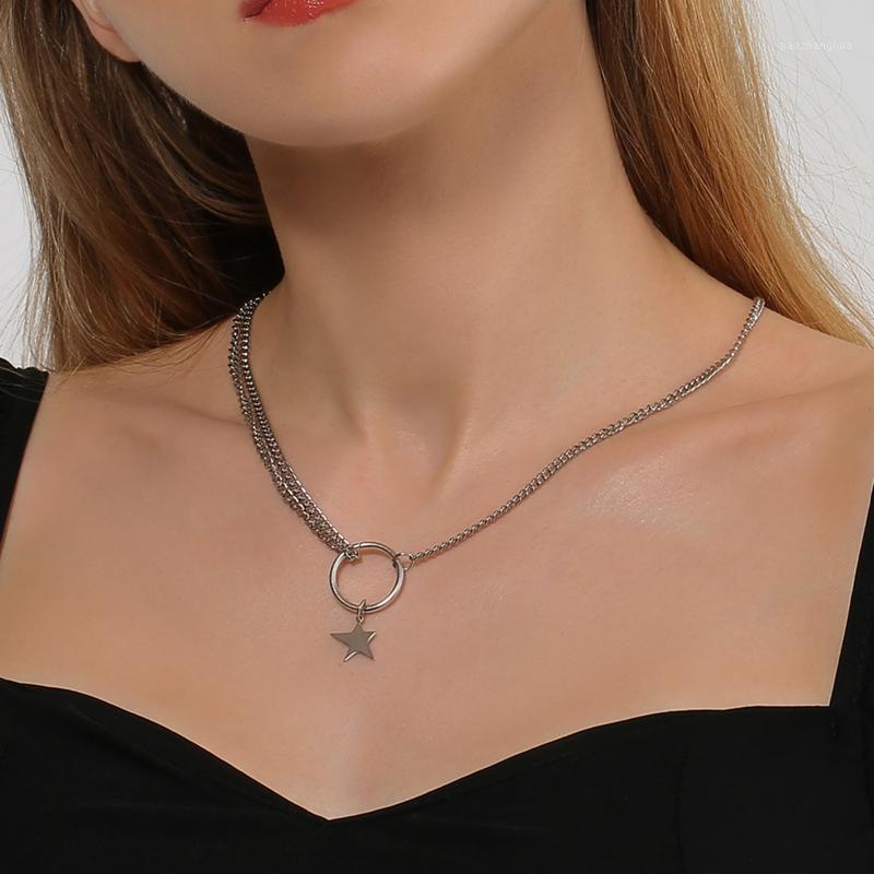 

Chains Punk Necklace Five-pointed Star Round Circle Pendant Hipster Hip Hop Guys Rock Necklaces Jewelry, Silver