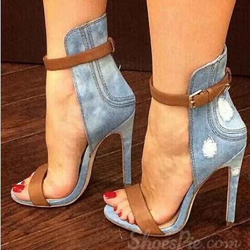 

Classical Washable Denim Cover Heels Gladiator Sandals Women Peep Toe Narrow Band Party Casual Shoes Lady Mixed Color Shoes 2021, Black