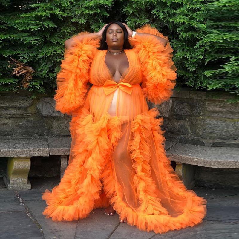Plus Size Ruffles Full Sleeve Sleepwear Women Pregnant Party robe de soiree Nightgowns Bathrobe Maternity Photoshoot Gowns