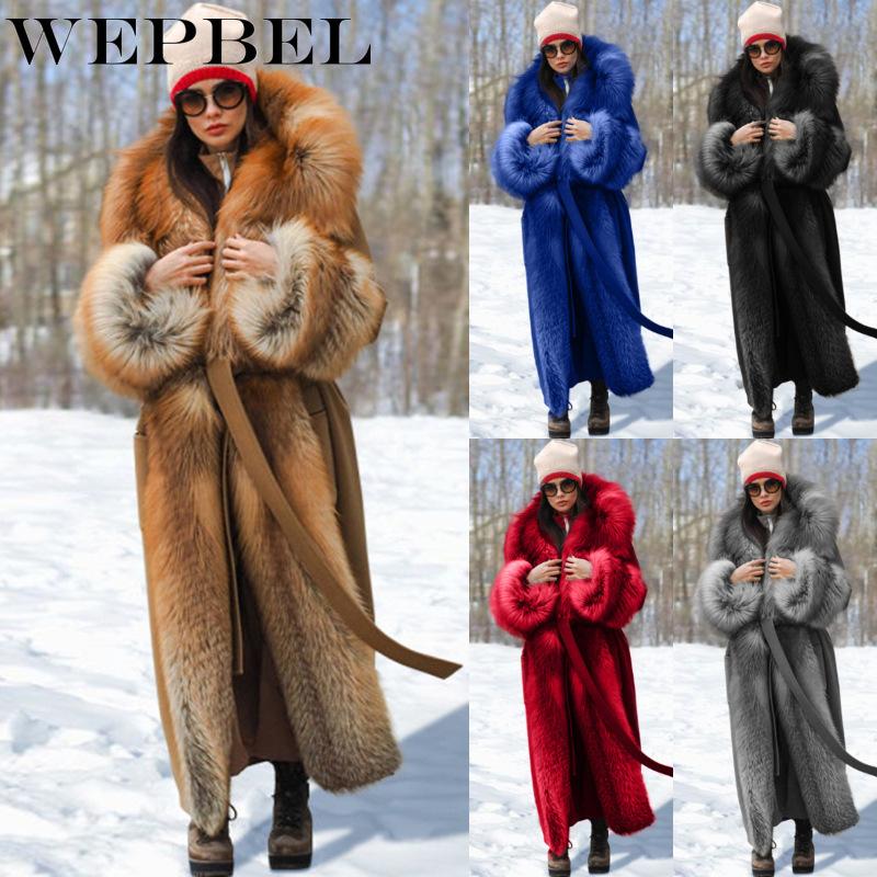 

WEPBEL Winter Women Elegant Plus Size Faux Fur Coat Long Slim Thicken Warm Hairy Jacket Fashion Ladies Trendy Warm Outerwear, Red