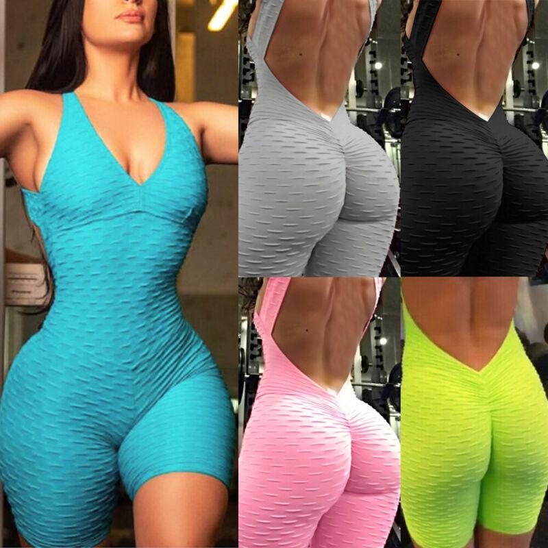 

Women Sports Clothes Fit Playsuit Women Stretchy Gym Exercise Playsuits Summer Sexy Strappy Backless Casual Rompers Jumpsuit, Gray