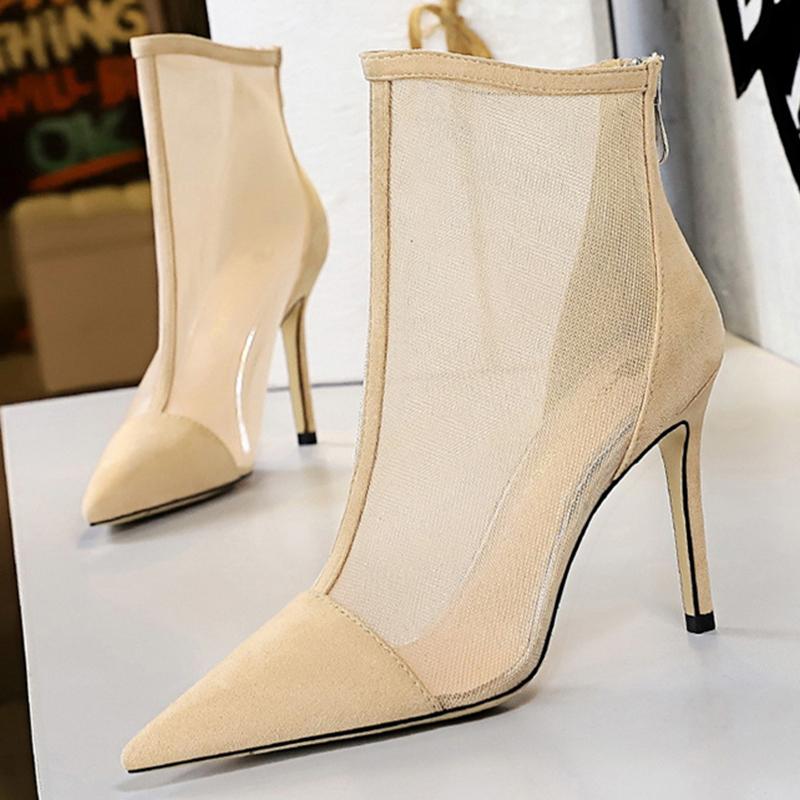 

Trending Women 2020 New Pointed Toe Flock Boots 9.5cm Pencil High Heels Khaki Boots Mesh Ankle Lady Party Valentine Shoes, Beige