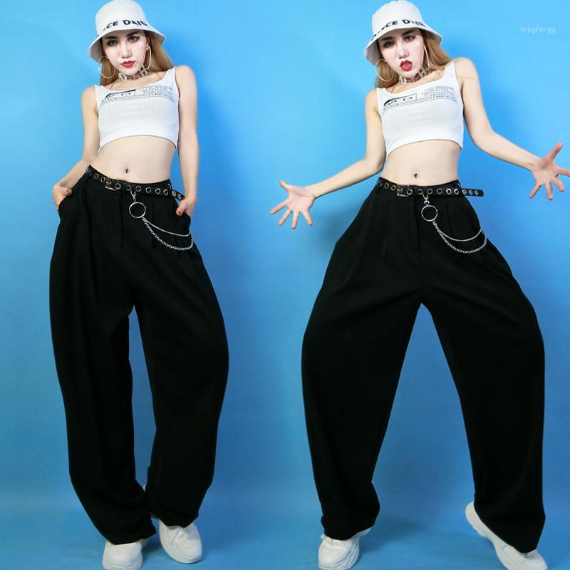 

New Hip Hop Costumes Adults Jazz Dancer Clothes Street Dance Wear Modern Show Outfit Women White Vest Loose Black Pants DNV130511, Belt