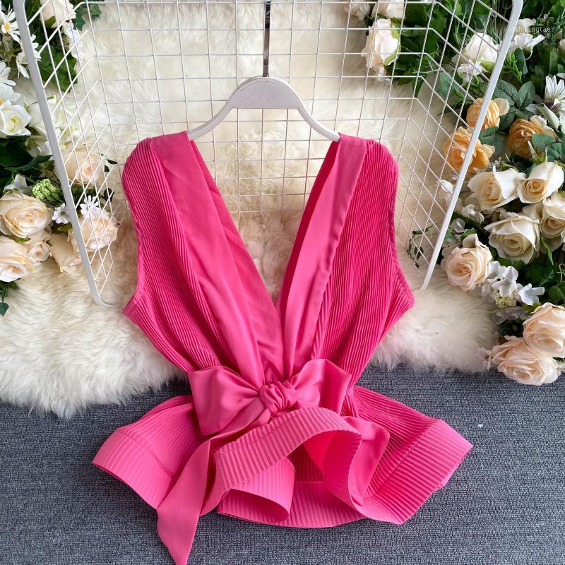 

Elegant Bowknot Sashes Women Tops and Blouse Sexy Deep V Chiffon Sleeveless Blouse Shirts Streetwear Ruffles1, Black