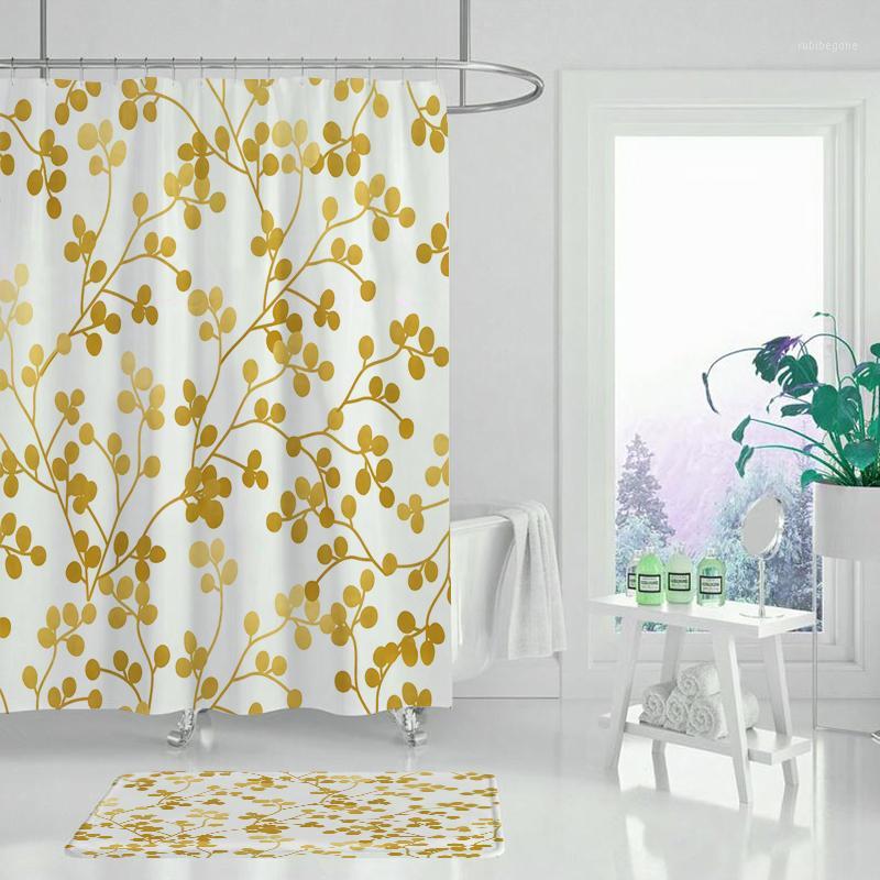 

180x180cm Golden Leaf Curtain Set Beautiful Flower Polyester Shower Curtain Toilet Cover Mat Non-slip Bath Carpet Cover1