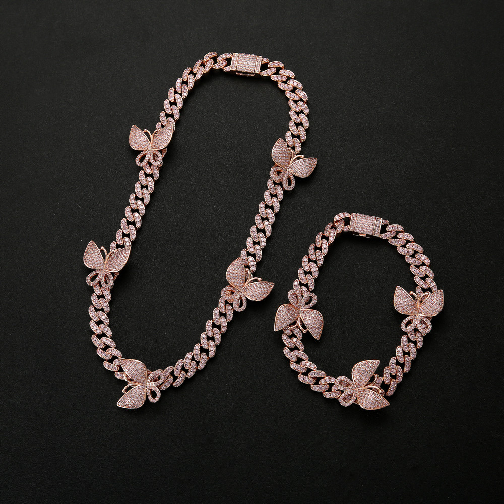 

10mm iced out bling cz Miami cuban link chain Butterfly charm choker necklace hip hop women jewelry