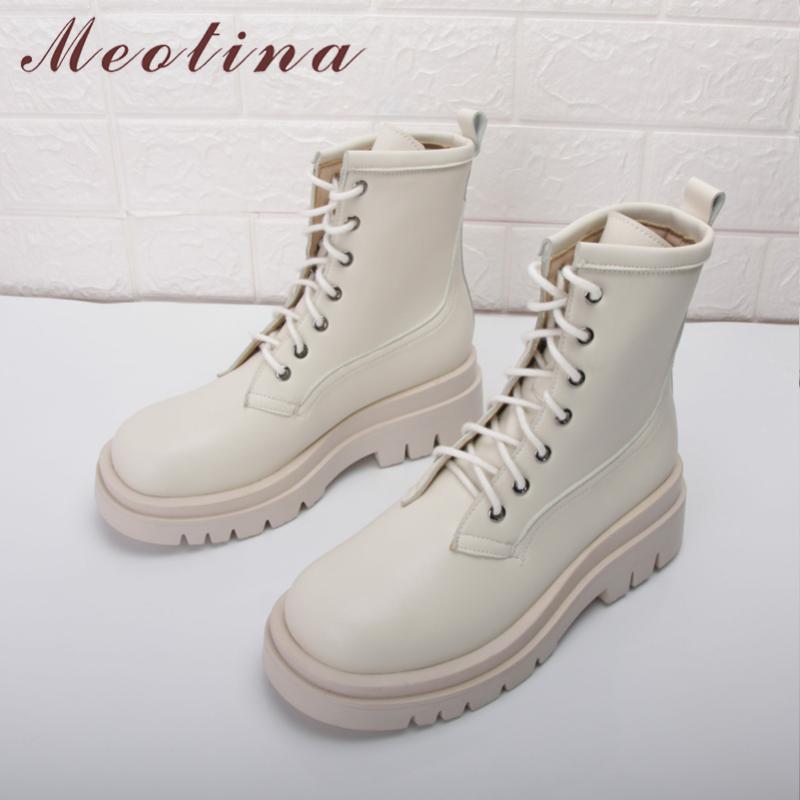 

Meotina Motorcycle Boots Women Shoes Platform High Heel Short Boots Cross Tied Thick Heels Ankle Autumn Winter Beige 33-43, Black synthetic lin