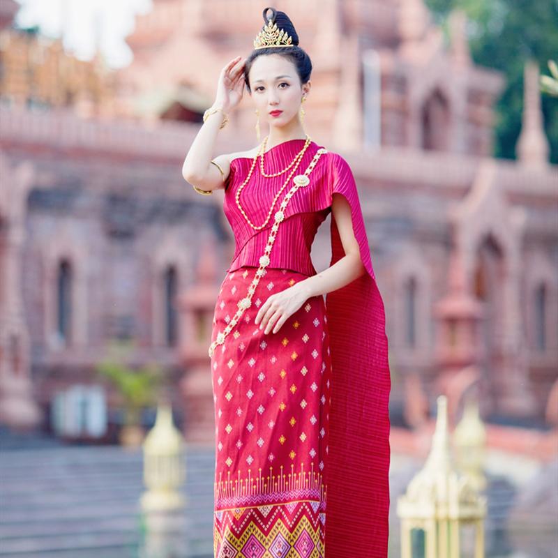 

Thai Dress Ahom Shan Dai Custuomes Vintage Summer Lesssleeve Ladies Top Shawl Pha Sin Thailand Traditional Clothing for Women