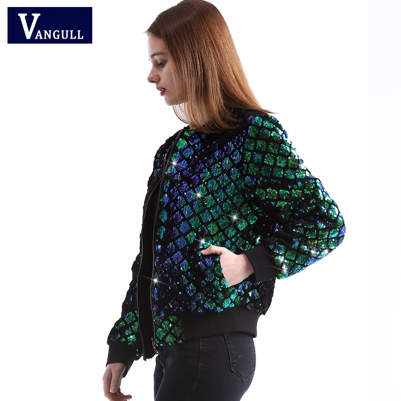 Vangull New Spring Autumn Women Sequin Coat Green Bomber Jacket Long Sleeve Zipper Streetwear Jacket Preppy Casual Basic Coat 201112Z