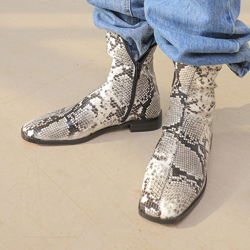 

Sankeskin Skin-boots Gray Pointed Python Pattern Leather Toe Martin Spring Fashion Ladies Return Zip Short Boots 74k8, The picture