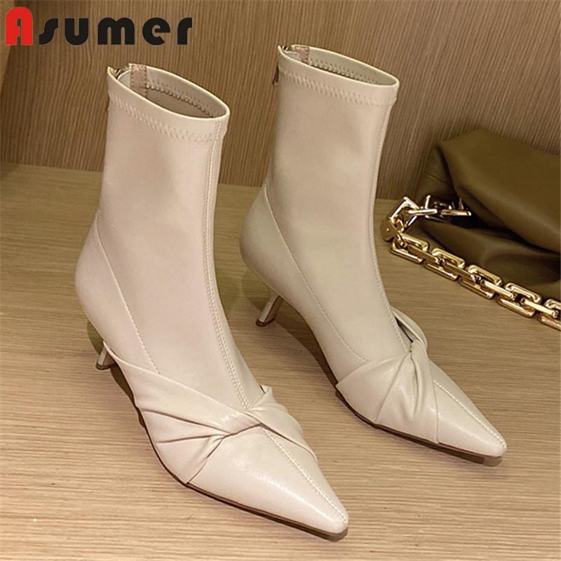 

Asumer 2021 top quality stretch ankle boots women pointed toe autumn winter thin high heel party shoes woman boots, Beige not fur