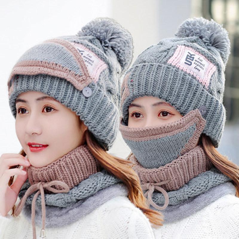 

New Women's Winter Hat Set Fashion YMS Patch Cap Add Fur Lined Thick Warm Pompoms Hat Winter Mask 2in1 Knitted1, Grey
