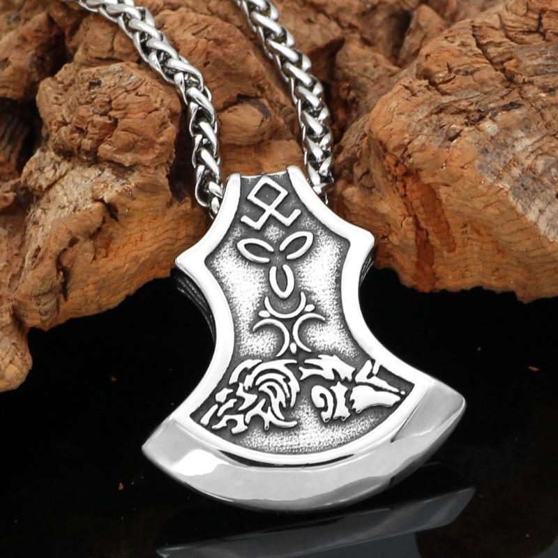 

men norse viking axe odin wolf Fenrir amulet pendant necklace -stainless steel