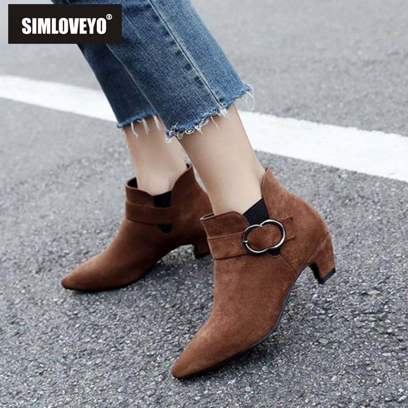 

SIMLOVEYO Winter women shoes size 46 Suede leather pointed toe Low heel Buckle band slip on Black Brown Ankle boots Sapatos