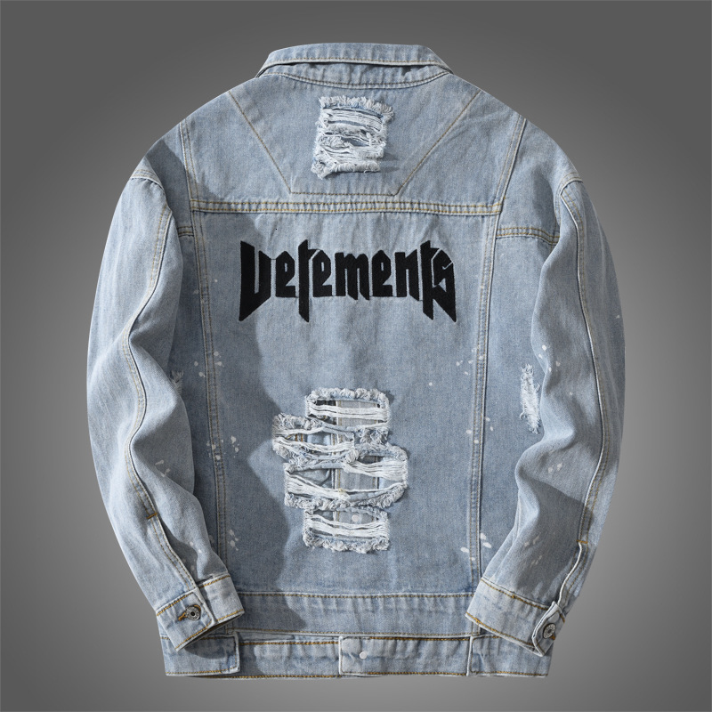 

2021 Trendy Men's Spring and Autumn New Light Blue Loose Denim Letter Embroidered Hole Fashion Jacket Esjw