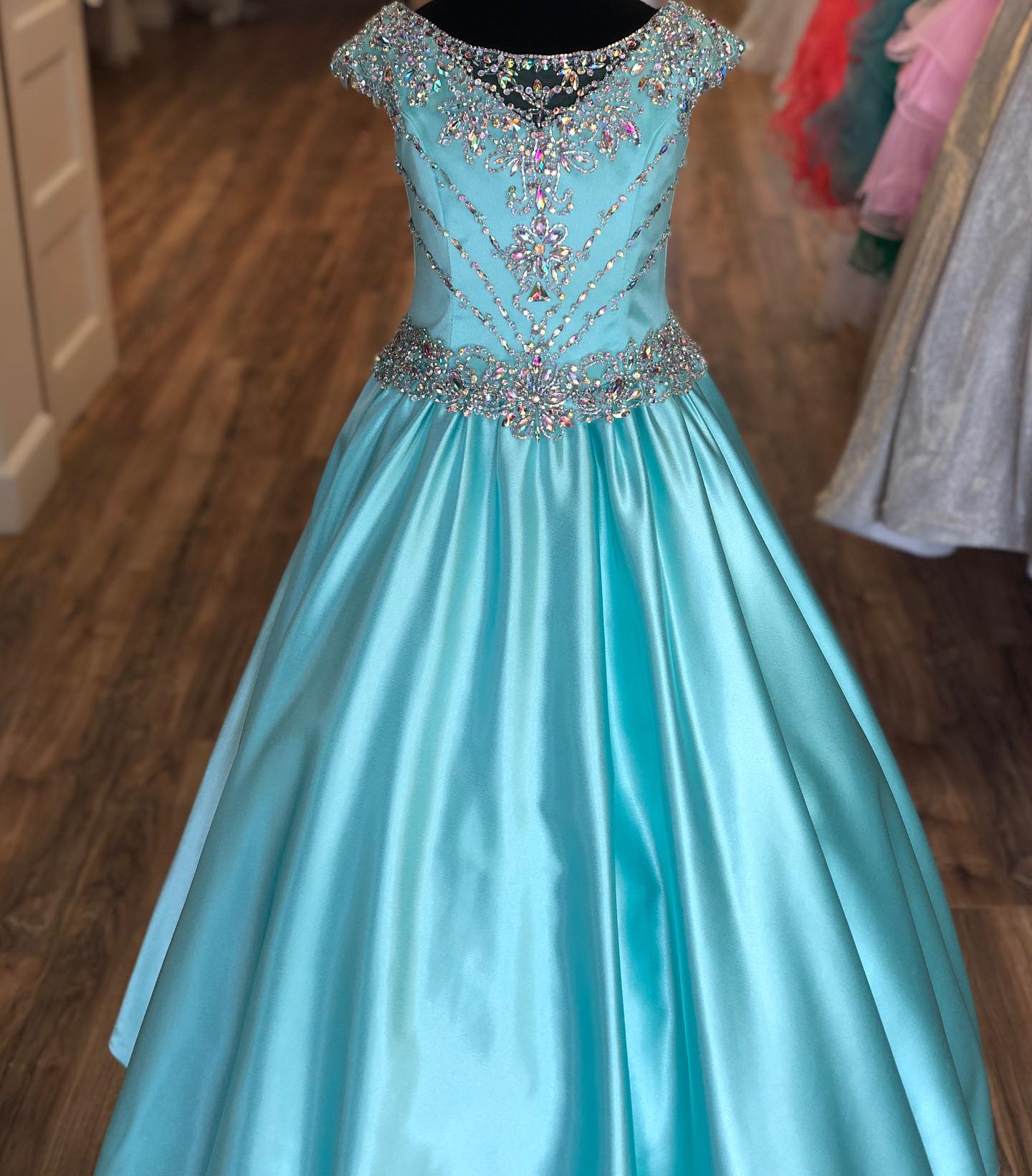 

Aqua Satin Pageant Dress for Teens Juniors Toddler 2021 AB Stones Crystal Long Pageant Gown for Little Girl Cap Sleeve Formal Party rosie, Orange