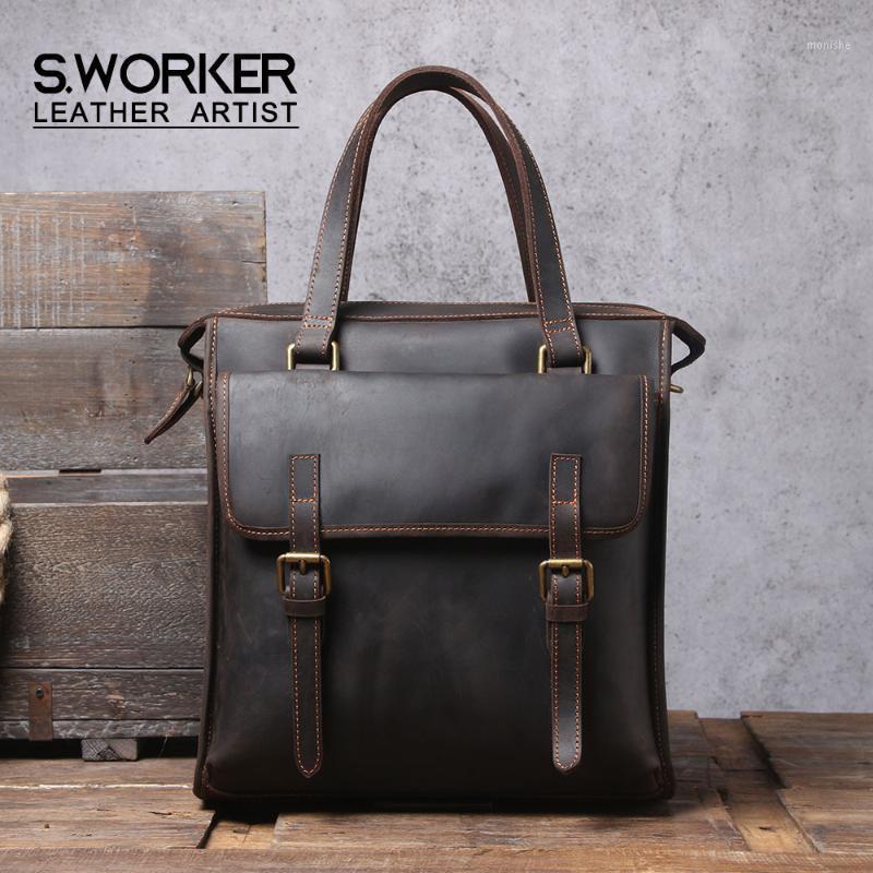 

S.WORKER Vintage Genuine Leather Men's Handbag Cowhide Briefcase Backpack Women Casual Tote Bag 2020 NEW Crazy-horse Leather1, Dark coffee