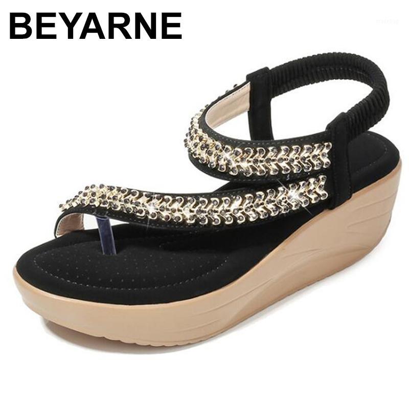

BEYARNEwomen summer sandals 2020 fashion platform wedge crystal breathable elastic band thick bottom casual women unique sandals1, Black