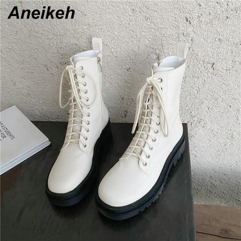 

Aneikeh NEW Spring Boots Women Shoes Ankle Riding Equestrian PU Cross-tied Square heel Lace-Up Round Toe White Brown Size 35-391, Black