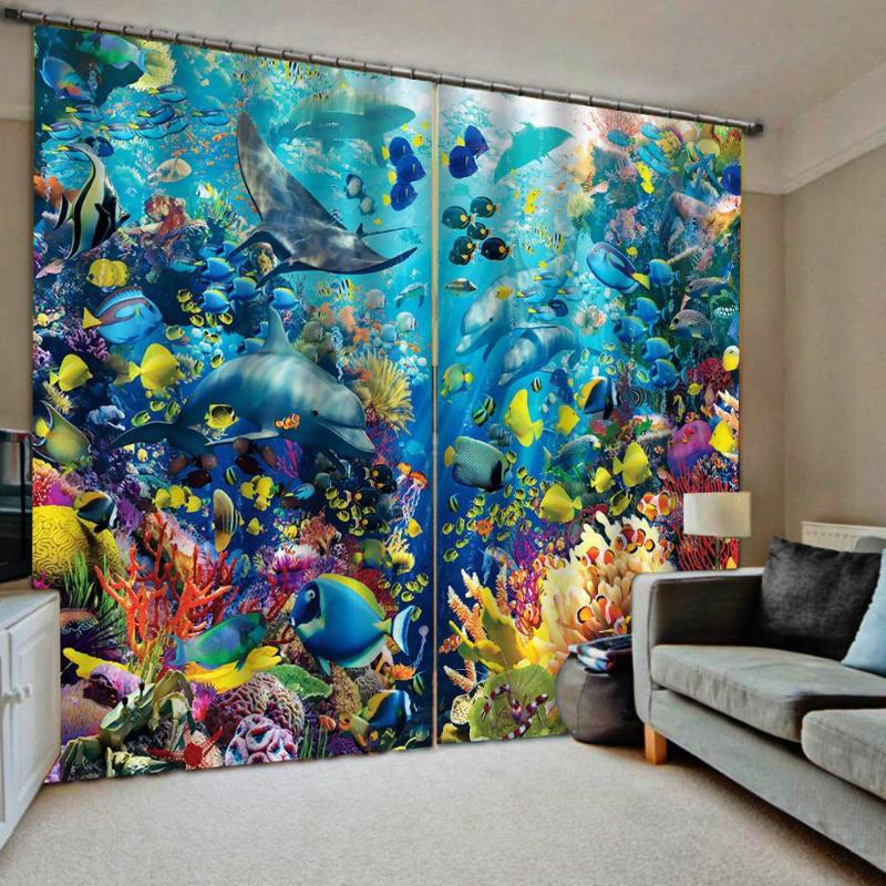 

Custom size Underwater World Dolphin underwater fish scenery Shower Curtain For Living room Children's room Blackout Drapes, As pic