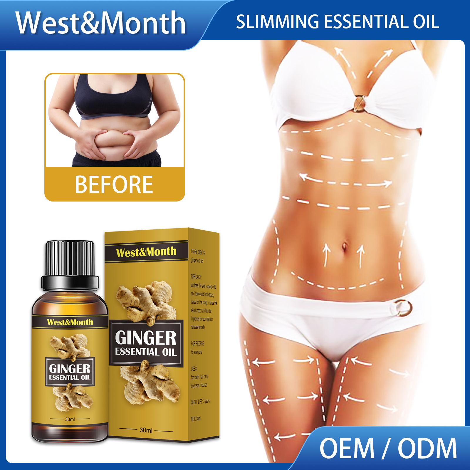 Free freight West&Month OEM ODM Ginger essential oil shaping tightening heating oil drainage body relaxation muscle massage-image-754654775