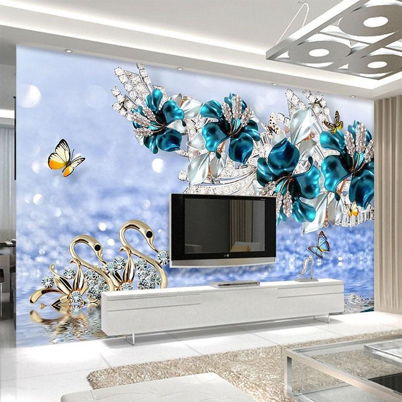 

Custom Self-Adhesive Wallpaper 3D Luxury Swan Blue Flower Water Wave Jewelry Photo Wall Murals Living Room TV Backdrop Stickers, As pic