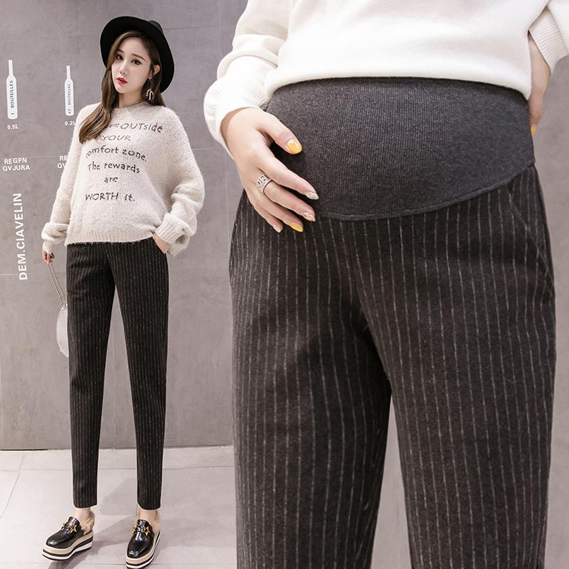 

1203# Spring Autumn Winter Vertical Stripe Woolen Maternity Pants Belly Harem Pants Clothes for Pregnant Women Pregnancy, Black