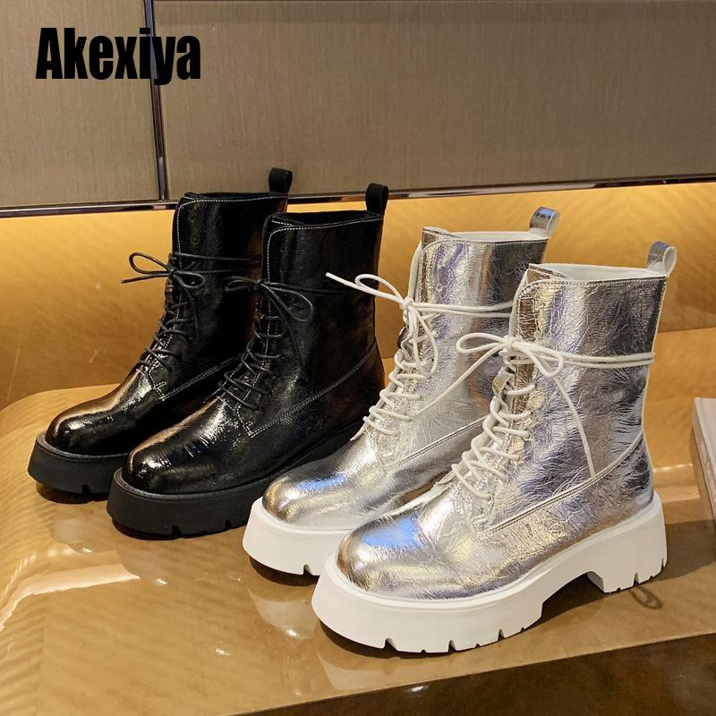 

2020 Hot Sale Autumn Winter Ankle boots Women Fashion Black Square Heel Woman Leather Shoes Silver PU Large Size 40 u891
