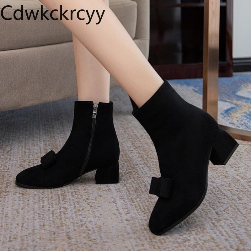

winter The New fashion Simplicity Suede Side zipper boots black Sexy sweet Bow High heels Women boots size 34-43