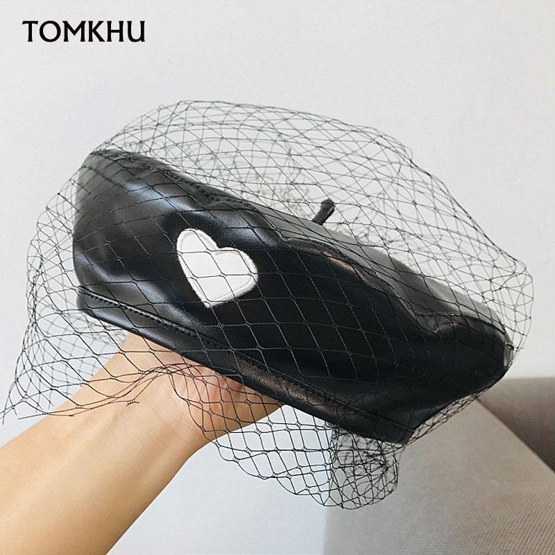 

Vintage Beret Hats Female Early Autumn Winter 2020 Net Red PU Leather With Net Yarn Love Street Retro Casual Beret Fashion Caps, Black