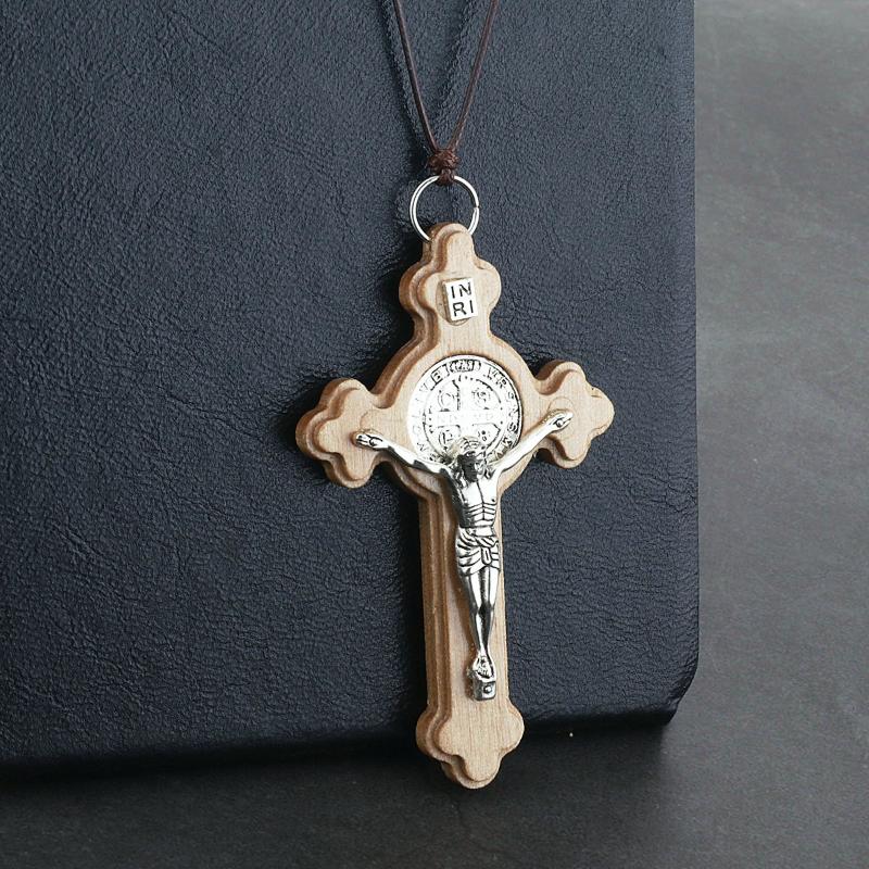 

Catholic Crucifix Wood Latin Cross Pendant Necklaces Adjustable Large Prayer Necklace Leather Rope Chains INRI Religious Jewelry