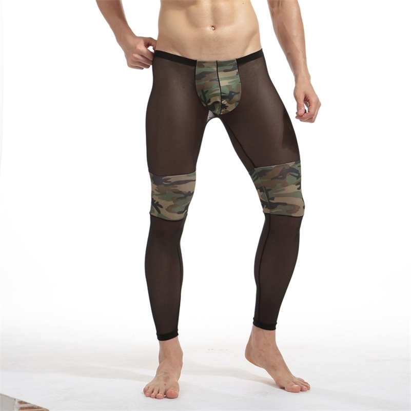 

Men Mesh Long Johns Sexy Transparent Camouflage Man Thermal Underwear Polyester & Spandex Joggers Men Leggings Sleep Pants 201109, Army green