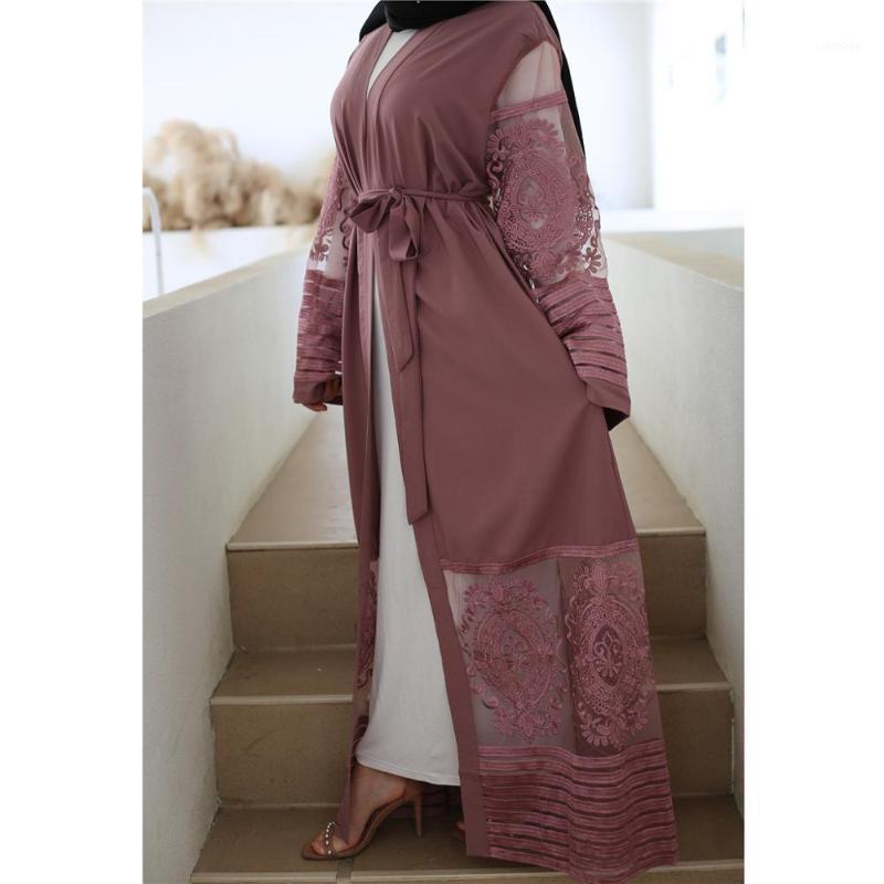 

Ethnic Clothing Fashion Abaya Kimono Kaftan Robe Cardigan Women's Embroidery Mesh Dubai Dress 15461