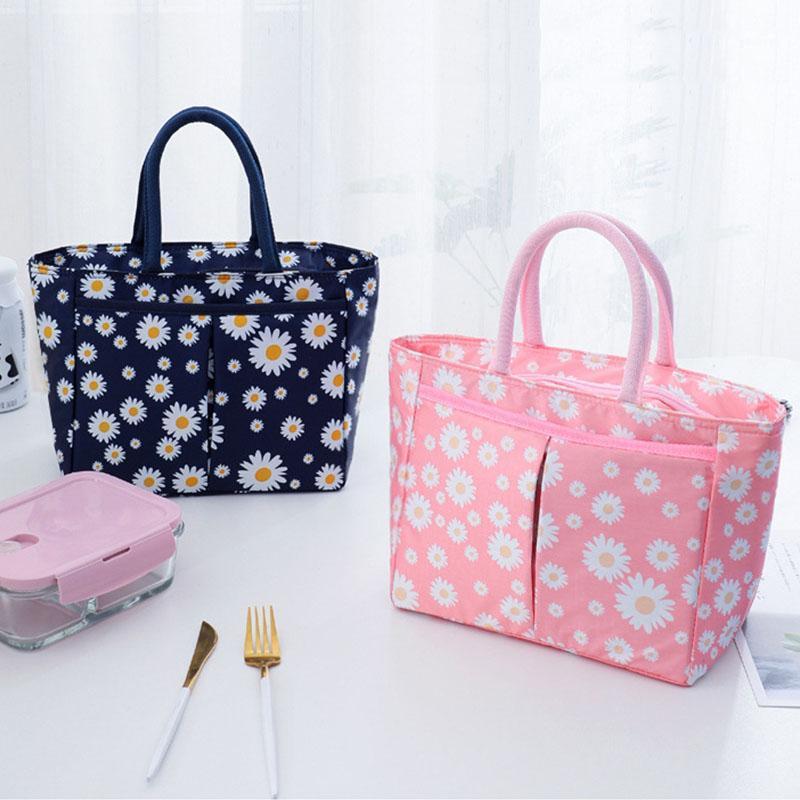 

Storage Bags Flower Printed Lunch Bag For Women Picnic Office Waterproof Cooler Drinks Portable Fresh-keeping With Pocket