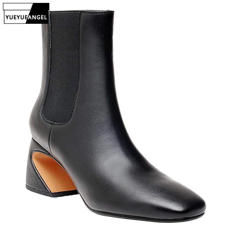 

Genuine Leather Square Toe Bootie Womens Vintage High Heels Winter Natural Cowhide Slip-On Non-Slip Warm Outdoor Ankle Boot, Black