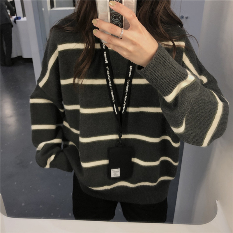 

2021 New Autumn winter women and Korean-style sweaters released breif thick stripe hot female sweater (c9369) UYVK, Tan grey