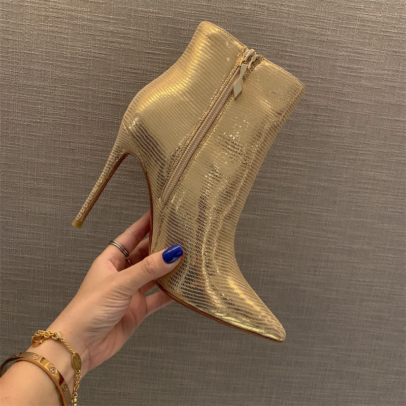 

shoes pointed to sexy eight-inch fashionable toe in high heels silver zipper pattern women's boots custom accept VT39, Golden