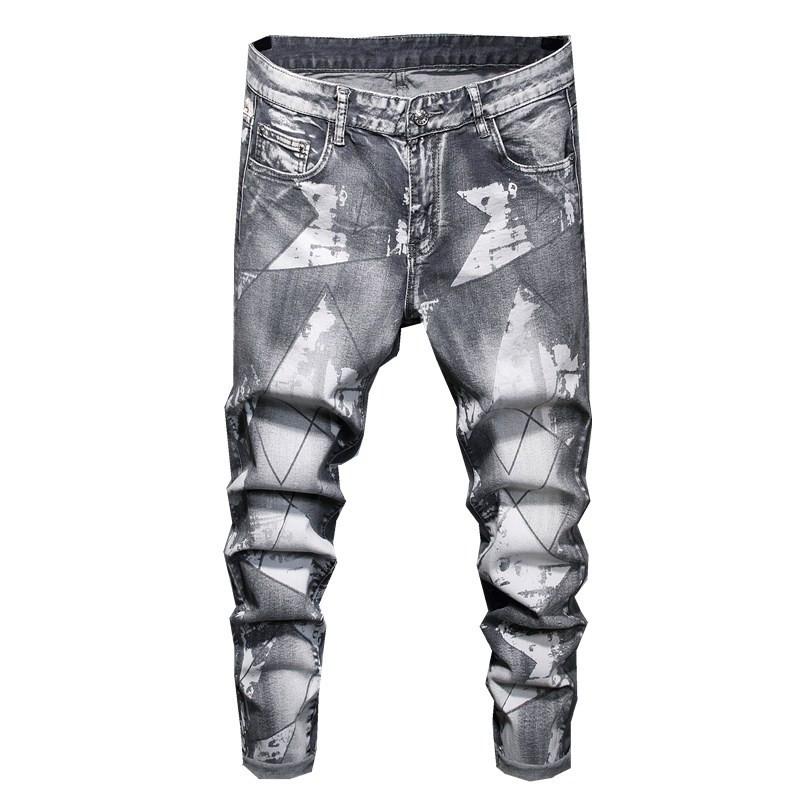 

Men's Jeans Mens Fashion Printed Pants Washed Color Grey Denim Trousers Male Streetwear Casual Style