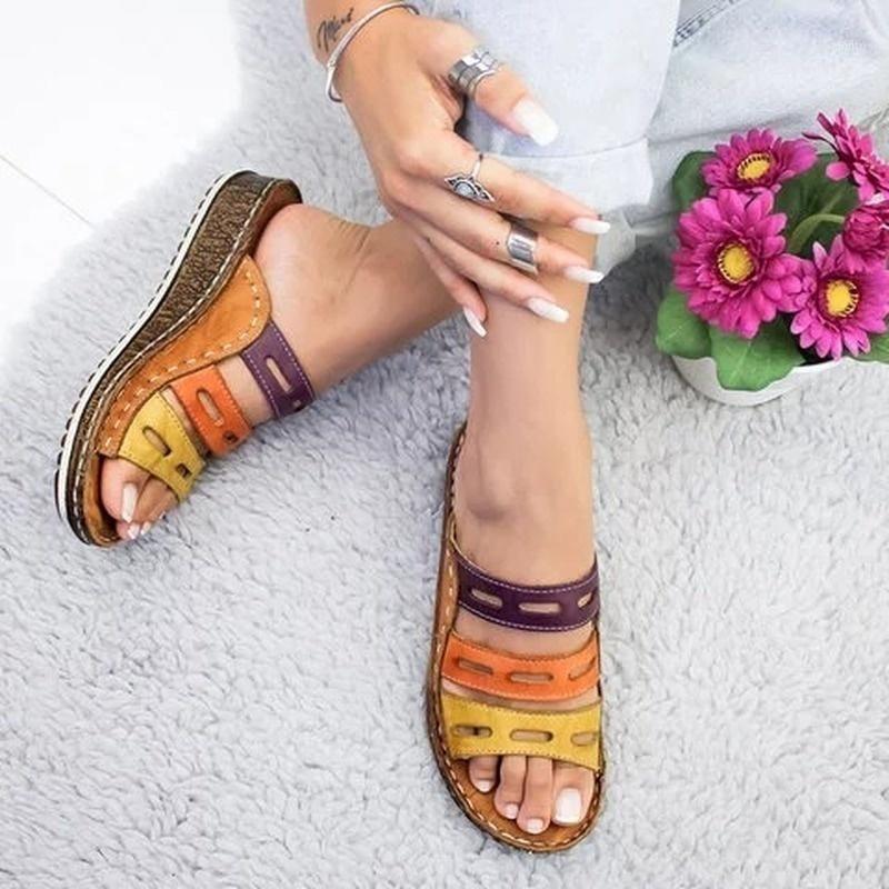 

New Women Summer Stitching Sandals Casual Slip on Open Toe Sandals Rome Retro Leather Platform Wedge Slides Beach Shoes Ladies1, Blue