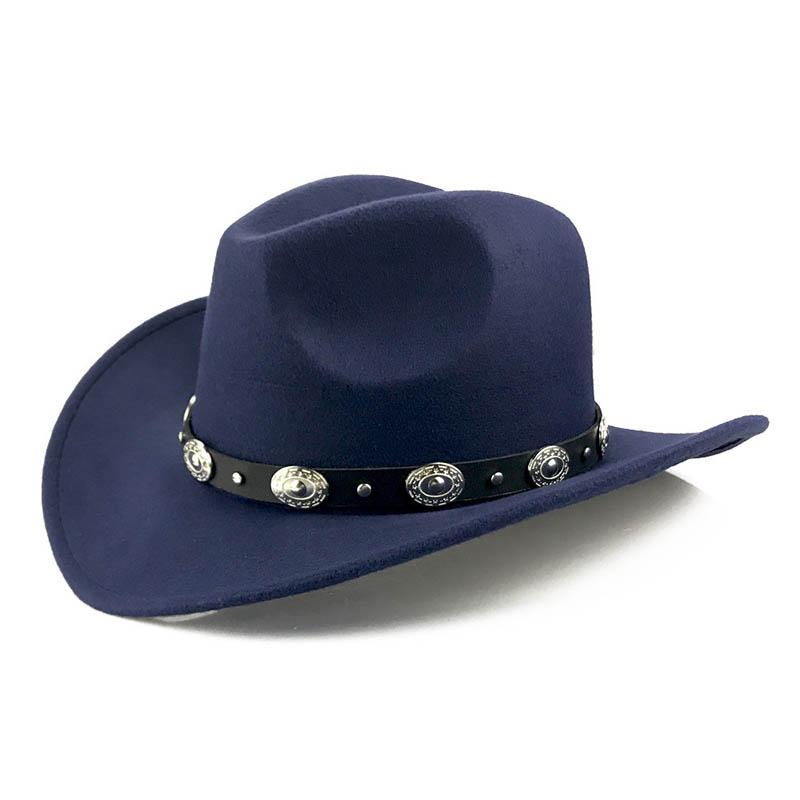 

Hot Vintage Fashion Men Silver Belt Cowboy Hats Women Felt Bowler Boat Brim Fedoras Hat for Party, Black
