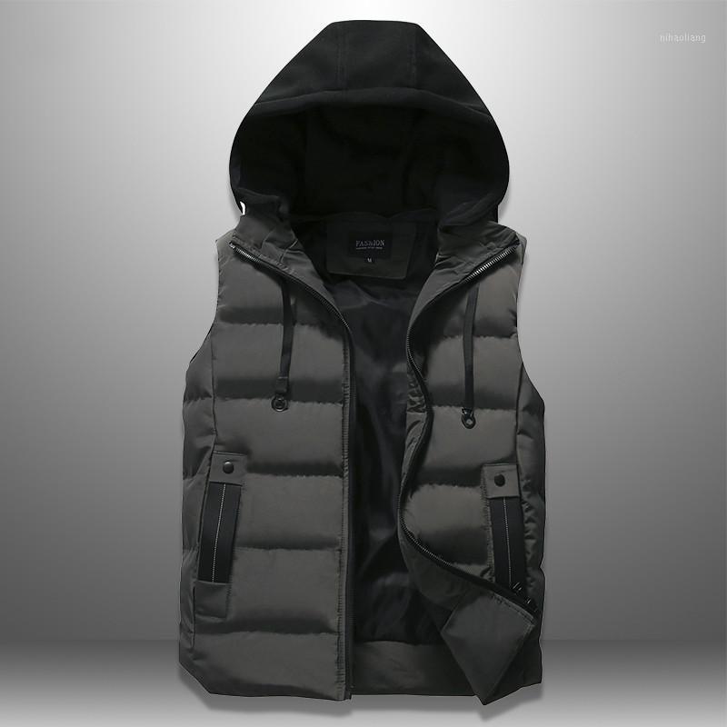 

New 2020 Autumn Winter Men's Casual Hooded Vest Solid Sleeveless Jacket Male Thick Warm Waistcoat Zipper Pockets Outerwear1, Black