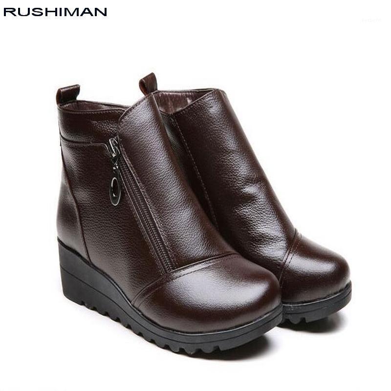 

Autumn Winter Women Boots Fashion Genuine Leather Wedges Ankle Boots Casual Keep warm Women Snow flat mother cotton shoes1, Black