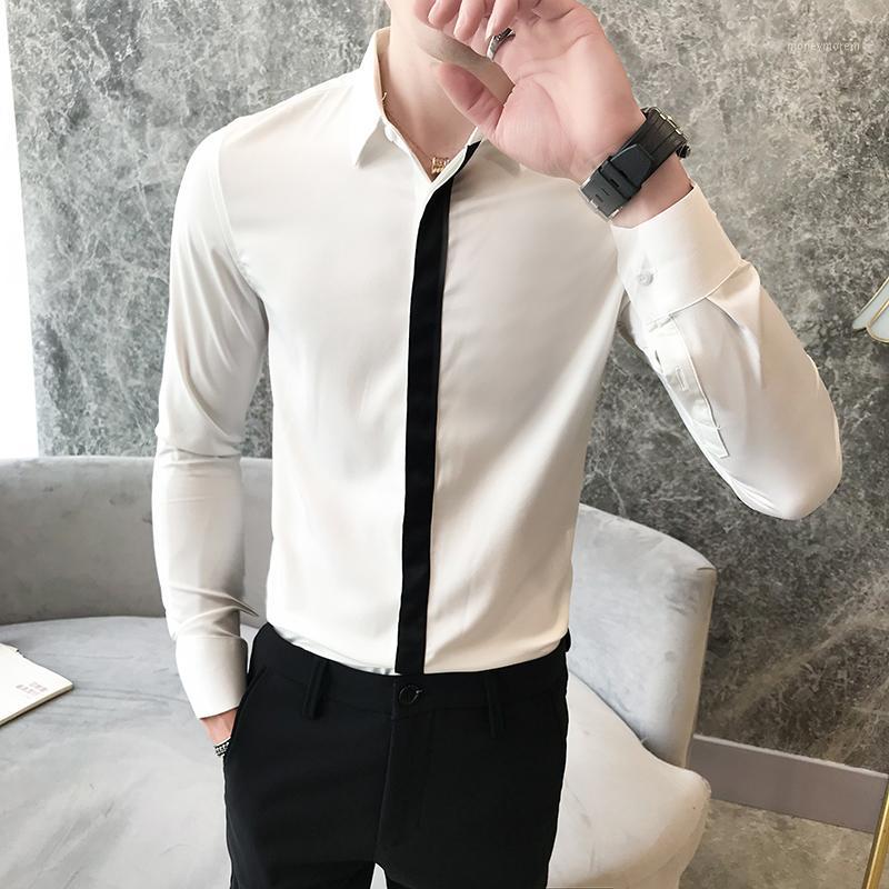 

Fashion Autumn Men Shirt Brand New Slim Fit Casual Dress Shirts For Men Clothes 2018 Long Sleeve Ribbon Patchwork Tuxedo Blouses1, Black