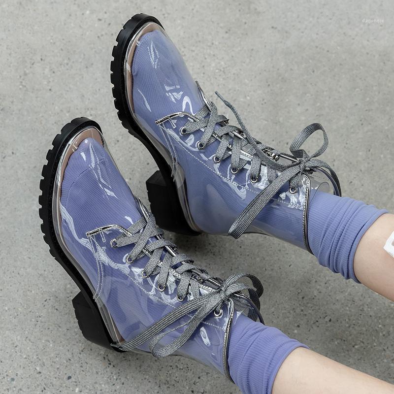 

2020 New Aleafalling Women Rain Boots Mature Lady Lace Up Waterproof Lady Shoes Transparent Colors Ankle Outdoor Girl's Shoes1, Clear