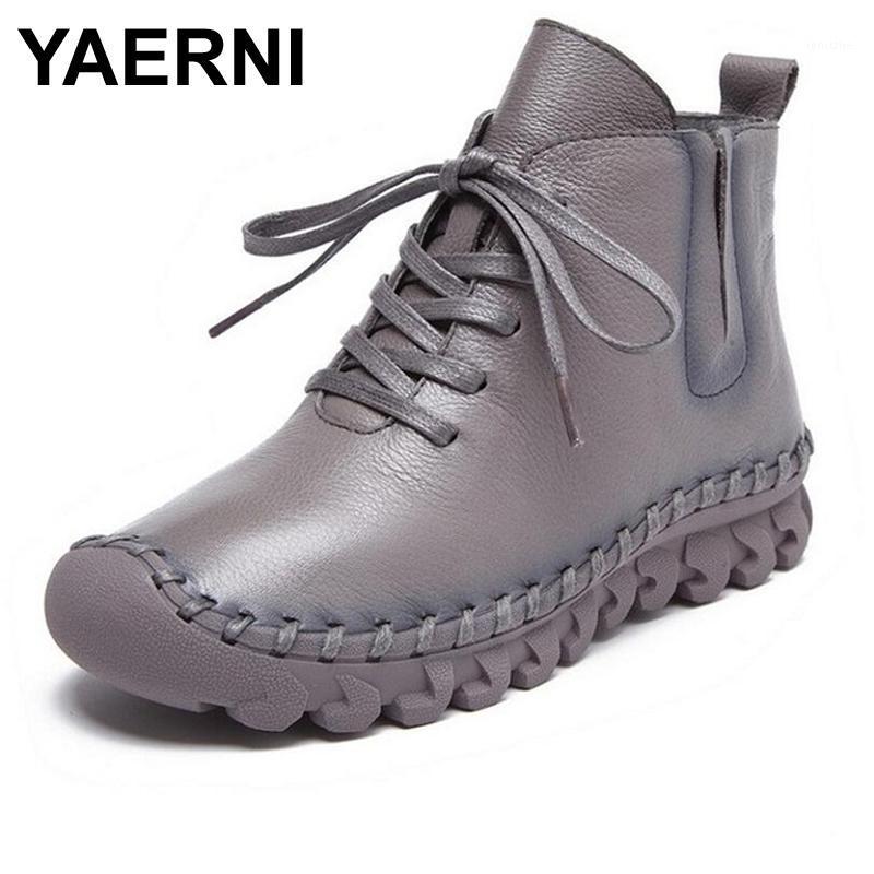 

YAERNI Fashion Women Autumn Winter Shoes Genuine Leather Ankle Boots Handmade Full Grain Leather Flat Boots For Women Shoes1, Black autumn
